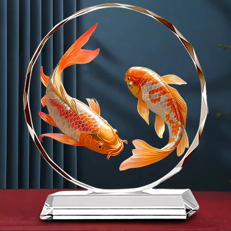 Double koi crystal ornaments, good luck, relocation, opening, living room office wine cabinet, wealth and fortune, auspicious table setting