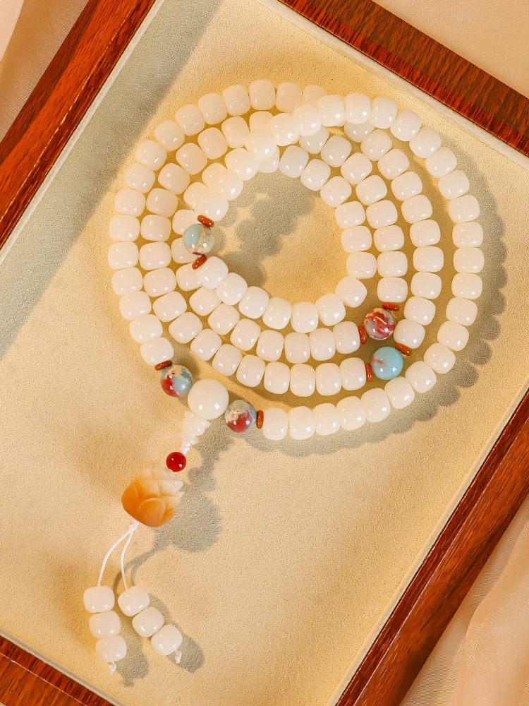 White jade bodhi root multi-circle bracelet with 108 beads, lotus and bodhi seed bracelet, cultural toy rosary, men's and women's necklace